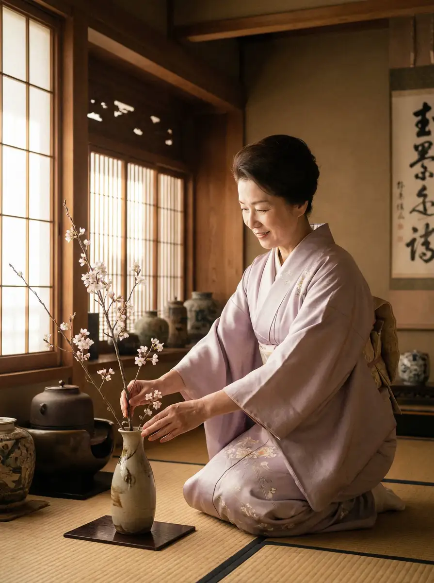 一位优雅的 老板那里是XL樱花动漫 在和室中插花
